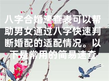 八字合婚速查表可以帮助男女通过八字快速判断婚配的适配情况。以下是常用的简易速查